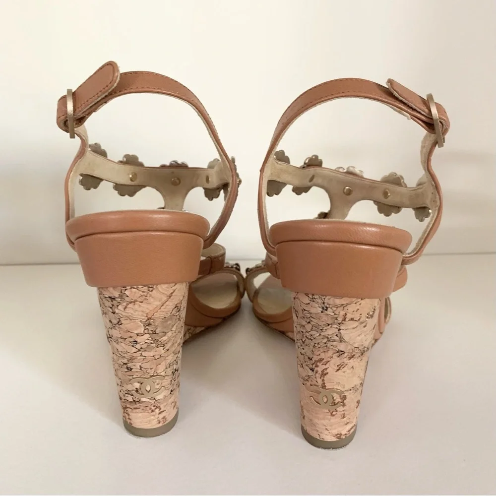 Chanel cc logo camellia charm sandal wedges